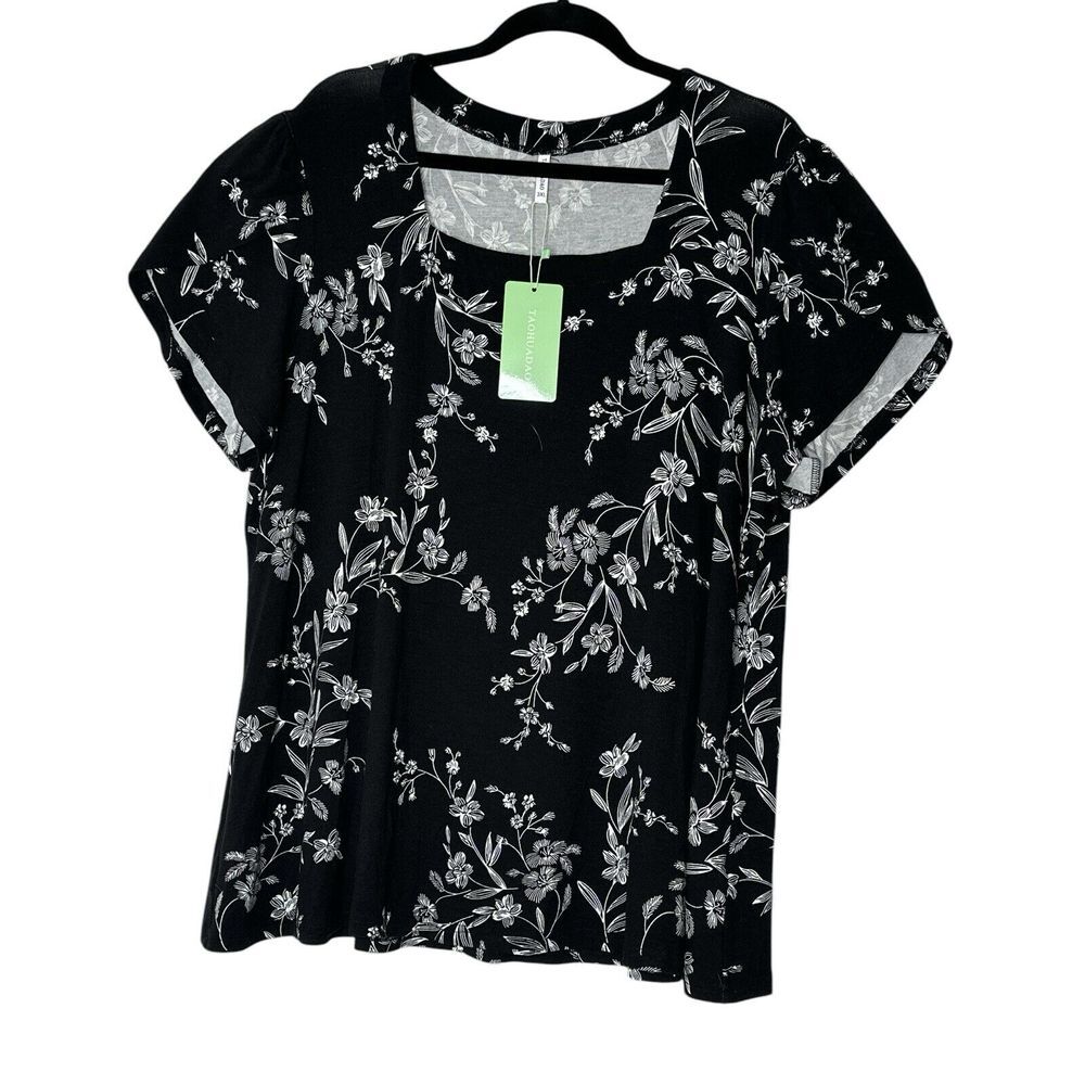 Taohuadao Top Women 3X Black Short Sleeve Plus Stretch Flower‎ Blouse New